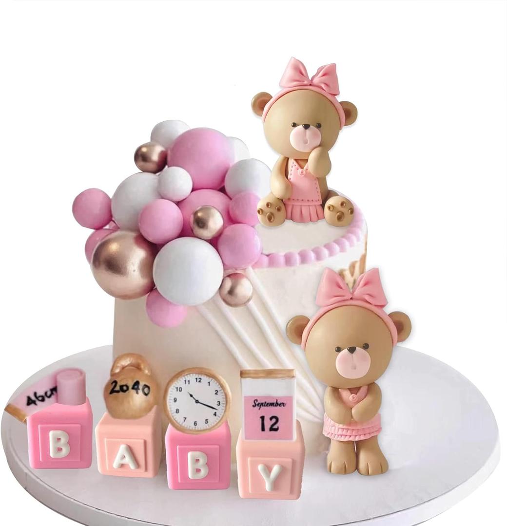 Bear Cake Toppers Balls Cake Decorations with BABY Letters for Baby Shower Gender Reveal Bear Themed Birthday Party Supplies (Girl)