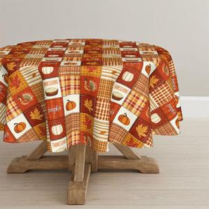 Horaldaily Orange Thanksgiving Tablecloth 7070 Inch Round, Fall Plaid Table Cloth, Turkey Pumpkin Maple Leaf Table Cover for Picnic Kitchen Dining Room Decor