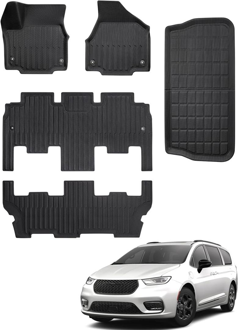 XPE Floor Mats Cargo Liner Trunk Carpet for Chrysler Pacifica Hybrid 2017-2024 2025 7 Passenger (Only Touring) All Weather XPE Mat for Chrysler Pacifica Hybrid 2018 2019 2021 2022 2023 Van Accessories