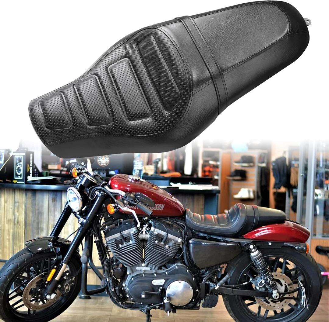 DREAMIZER Motorcycle Two Up Seat Front Driver Rear Passenger Rider Seats Compatible with Harley Davidson Sportster Iron 883 1200 Chopper Bobber Cafe Racer Custom - BlackCheck