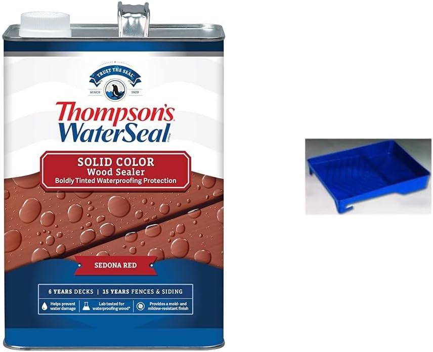 Thompsons WaterSeal 1 Gallon Sedona Red Solid Color Waterproofing Wood Stain Bundle with 403 Linzer 1 Quart Black Plastic Paint Tray