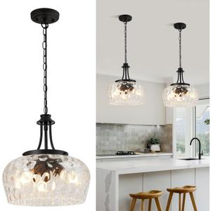 Modern Pendant Lights Kitchen Island, 3-Light Black Pendant Light Fixtures with 14.2" Clear Hammered Glass Shade, Industrial Hanging Pendant Lights Fixture for Kitchen Island, Dining Room, Entryway