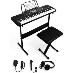 61 Key Electronic Keyboard Piano for Beginners, 200 Tones & Rhythms, with H Stand, Stool, Headphones, Microphone, Piano Note Stickers (Full)