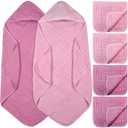 6 Pcs Baby Muslin Hooded Bath Towels and Washcloths, 32 x 32 Inch Muslin Cotton Hooded Baby Towels Absorbent Hooded Blankets for Gift Newborn Infant Shower (Rose Red,Pink)
