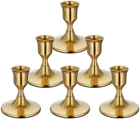 zeochyni 6PCS Brass Gold Taper Candle Holders, Vintage Metal Candlestick Holders for Dinner Room Table Centerpiece or Mantel Wedding Party Decor