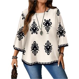 Floerns Women's Plus Size Graphic 3/4 Sleeve Shirts Crew Neck Casual Tunic Blouses (XX-Large Plus, Beige)