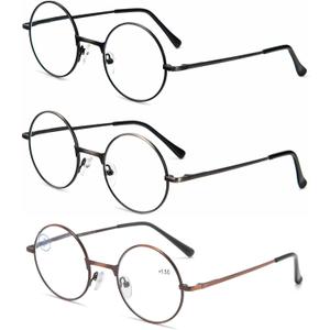 3 Pack Round Frame Reading Glasses Blue Light Blocking Reader Metal Full Frame Retro Glasses