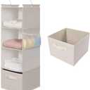 MAX Houser 4-Shelf Hanging Closet Organizer, Space Saver, Cloth Hanging Shelves with 2 Side Pockets, Foldable (Beige)