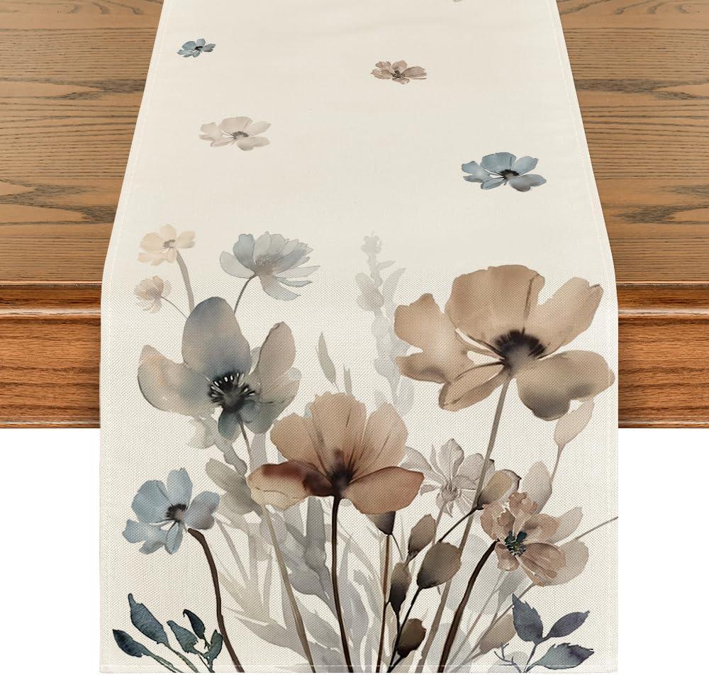 Artoid Mode Brown Poppy Floral Leaves Spring Table Runner, Seasonal Summer Kitchen Dining Table Decoration for Home Party Decor 13x90 Inch