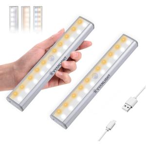 VYANLIGHT Motion Activated LED Lights - 20 LEDs, 3-Color Mode, Rechargeable Battery, Stick-On Magnetic Night Light Bar for Closet, Hallway, Stairway - Dimmable Wireless Lights, 2 Pack