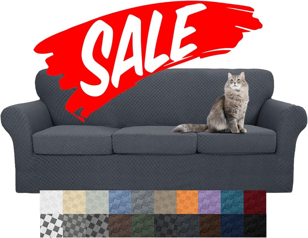 YEMYHOM Latest Checkered 4 Pieces Couch Covers for 3 Cushion Couch Extra Large High Stretch Thickened Sofa Cover for Dogs Pets Furniture Protector Sofa Slipcovers (Dark Gray), 91"-110"(3 Cushions)