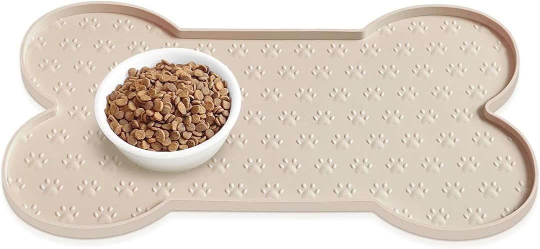 Dog Food Mat Anti-Slip Silicone Dog Bowl Mat Thicker Pet Placemat Waterproof Cat Feeder Pad with Raised Edge Puppy Kitten Feeding Mats Suitable Small Medium-Sized Dogs Cats Eating Tray (19.4" x 9.8", Beige)