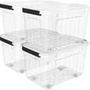 Lidded Storage Bin Stackable Storage Box Organizing Container with Lid and Snap Lock, Durable, Plastic, Clear, 85 quart, Pack of 4