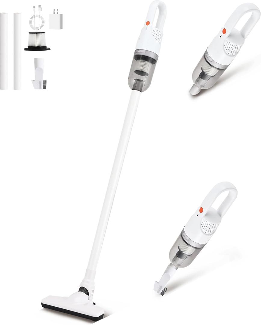 6-in-1 Lightweight Stick Vacuum Cleaner with 100W Powerful Motor, Mini Portable Household Handheld Vacuum Cleaner for Domestic Hard Floors, Carpets and Pet Hair(White Cordless Plugs)