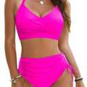 Blooming Jelly Womens High Waisted Bikini Sets Drawstring Tummy Control Swimsuits Crisscross Tie Back Bathing Suit (Small, Hot Pink)