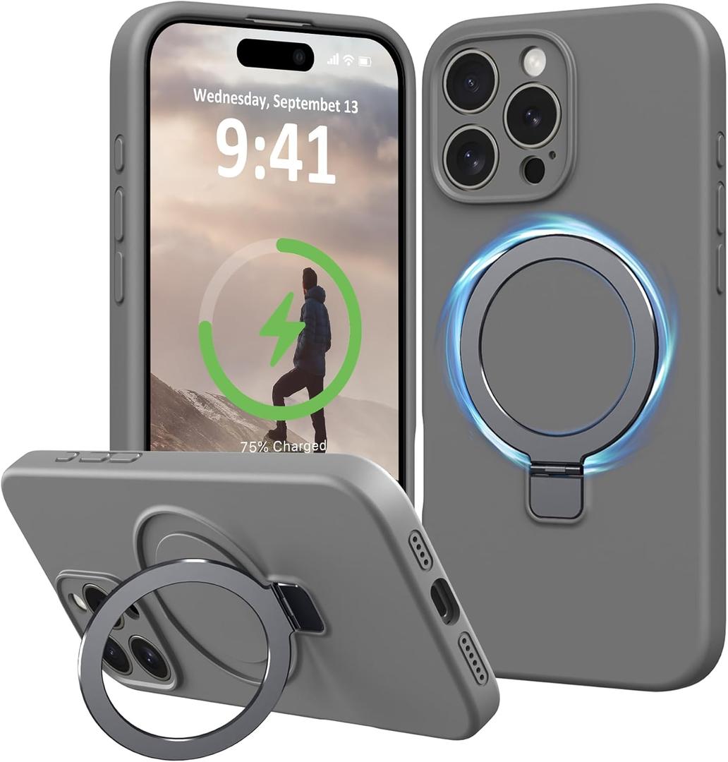 for iPhone 16 Pro Case Stand, Slim Comfortable Liquid Silicone Phone Cases Compatible with MagSafe Magnetic Ring Kickstand Stand Full Camera Protection for iPhone 16 Pro 6.3", Grey