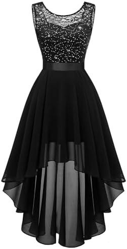 BeryLove Sequin Wedding Guest Formal Cocktail Dresses Prom Party Lace High Low Bridesmaid Elegant Dress M Black