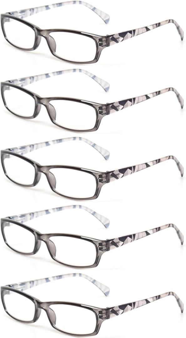 Kerecsen Reading Glasses 5 Pairs Fashion Ladies Readers Spring Hinge with Pattern Print Eyeglasses for Women (5 Grey, 2.5, x)