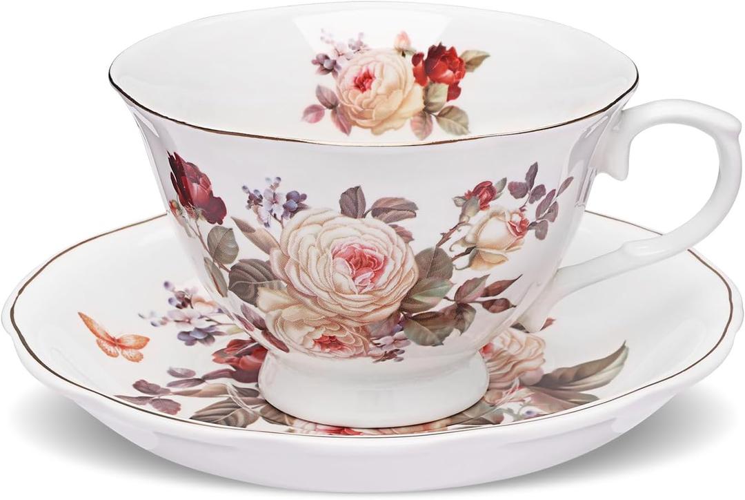 fanquare White Rose Tea Cup and Saucer with Gold Trim, Vintage Bone China Teacup Set with Spoon, 8 oz Coffee Cup for Home Party Gifting