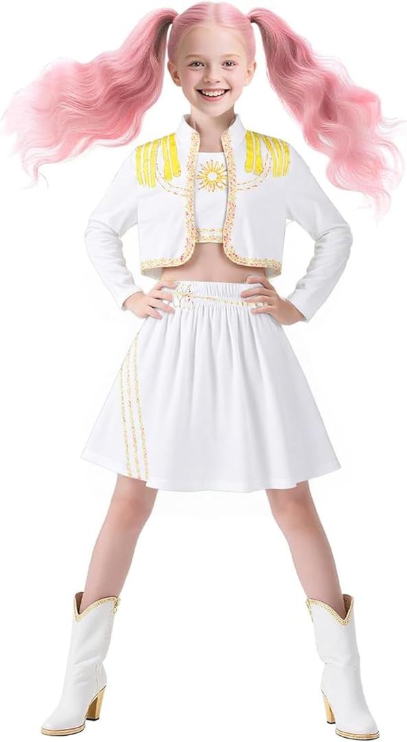 Girls Pop Singe Costume Fancy Stage Outfit Set Kids Halloween Cosplay Role Play Dress Up (9-10 Years, White)