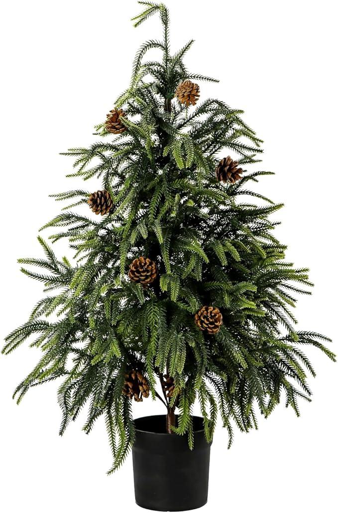 3FT Artificial Norfolk Topiary Trees for Front Porch 36-inch Real Touch Norfolk Pine Christmas Tree with Pine Cones Greenery Realistic Fake Potted Plants for Indoor Outdoor Décor (1, Gradient Green)