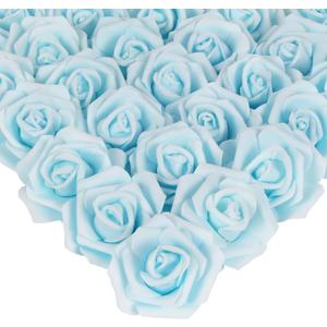 IPOPU Artificial Rose Flower Heads, 100pcs Light Blue Foam Fake Roses Bulk 3in Stemless Flowers for DIY Wedding Baby Shower Centerpieces Arrangements Party Tables Home Decorations (Light Blue)