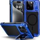 Lanhiem for iPhone 15 Pro Max Metal Case, [Built-in Camera Kickstand & Glass Screen Protector] Protective Heavy Duty Full Body Military Rugged Shockproof Magnetic Cover (Blue)