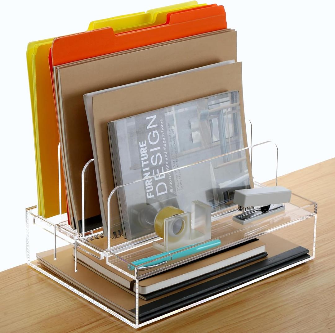 DINGHUO Desk Organizers and Accessories, Acrylic File Folder Rack with 3 Vertical File Holder, Letter Size Paper Tray Office Supplies Storage for Home Office, -1 Pack