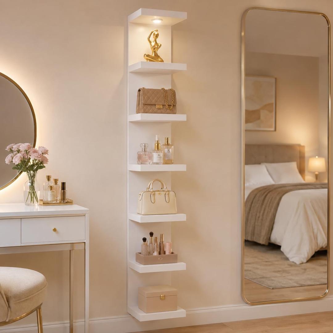 7 Tier Floating Wall Shelf with Lights, Tall Display Lack Shelf, White, 9.85 x 9.3 x 77 inches