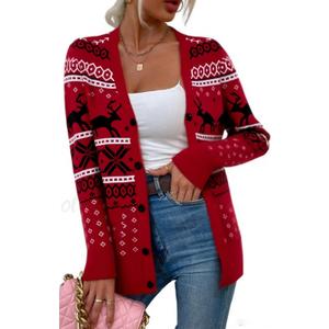 Ugly Christmas Sweater for Women Christmas Cardigans Funny Xmas Open Front Button Down Knit Coat Outwear (Small, Red)