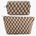 2 Pieces Makeup Bag Large Checkered Cosmetic Bag Capacity Canvas Mix Travel Toiletry Bag Organizer Cute Makeup Brushes Aesthetic Accessories Storage Bag for Women, Checkered Mix Brown
