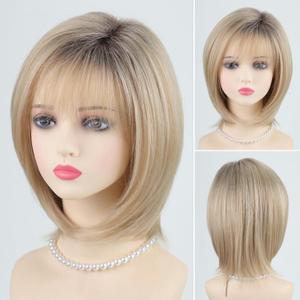 RENERSHOW Layered Blonde Bob Wig with Bangs Short Hair Wigs for White Women Natural Ombre Blond Straight Heat Synthetic 12 Inch Medium Length Bobo Adjustable Average Cap Daily to Party Tangle-Free