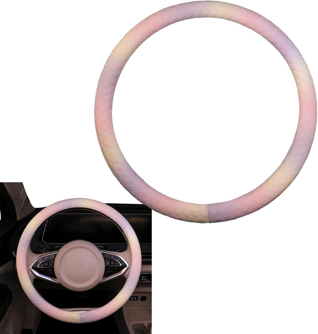 Colorful Car Steering Wheel Cover, Breathable Fabric O-Shape Steering Wheel Protector, All-Season Microfiber Leather Auto Interior Grip Cover, Universal for Most Cars (Pink)