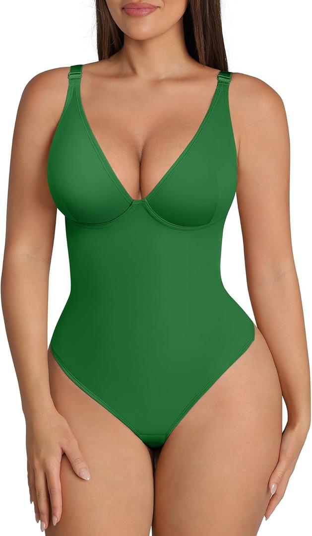 FeelinGirl Shapewear Bodysuits for Women Tummy Control Body Suits Deep V Neck Thong Body Shaper (Large, Green)