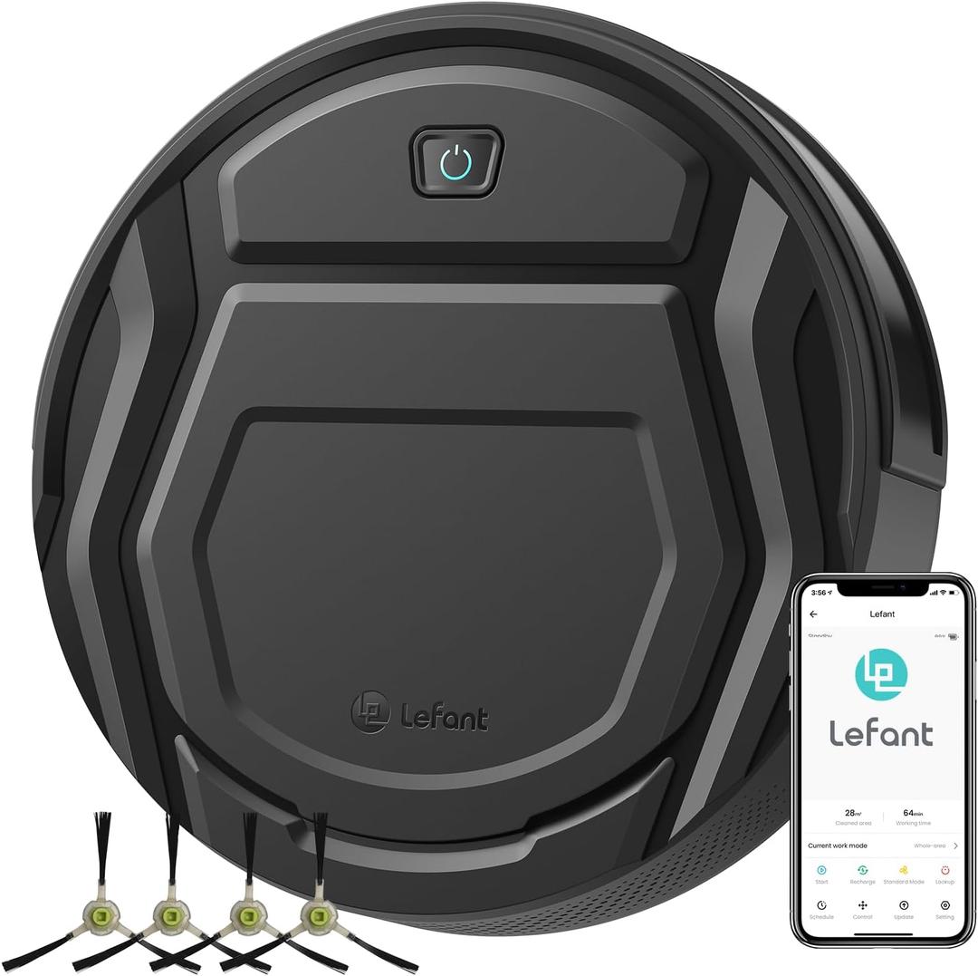 Lefant M210 Robot Vacuum Cleaner, 120-Min Runtime, Compact Design, Powerful Suction, Low Noise, Wi-Fi/App/Voice Control, Self-Charging, Scheduled Cleaning, Ideal for Pet Hair and Hard Floors, Black (Small)