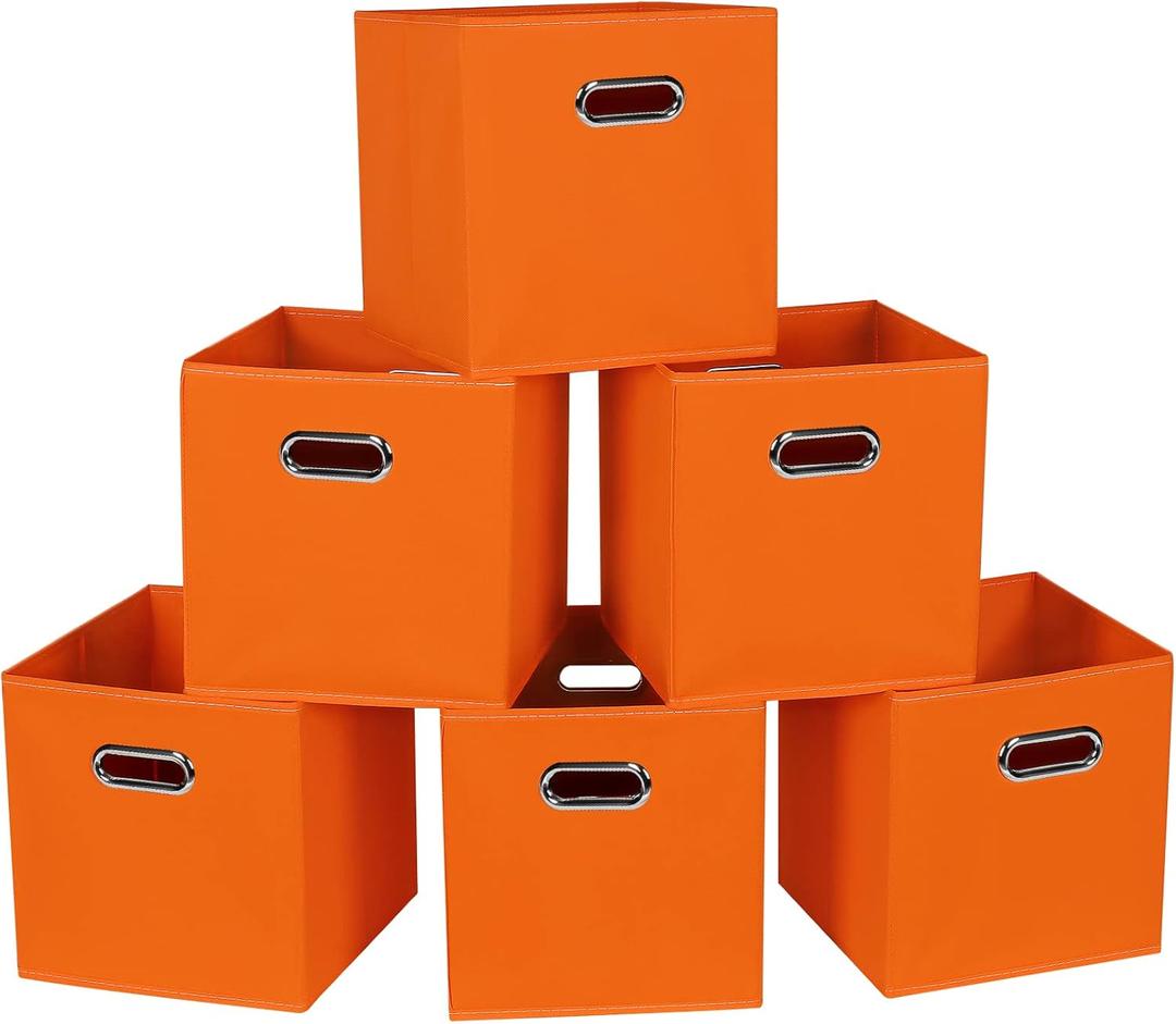 Fabric Cloth Storage Bins, Fabric Cube Bins Organizer with Dual Handles Foldable Cube Storage Baskets for Home Bedroom Storage, Set of 6,(Orange) (6 Pack)