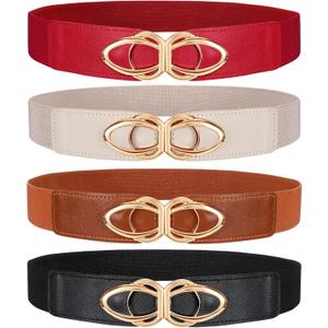 WERFORU Women Thin Elastic Belts,Skinny Stretch Vintage Fashion Waistband for Dress with Gold Buckle 4 Pack (S:Fit Size 25"-30", Black+brown+beige+red)