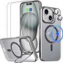 5 in 1 Case Designed for iPhone 15 with Screen Protector [2 Pack] + Camera Lens Protector [2 Pack] with 180 Lens Stand, Magnetic Car Mount Compatible - Silver
