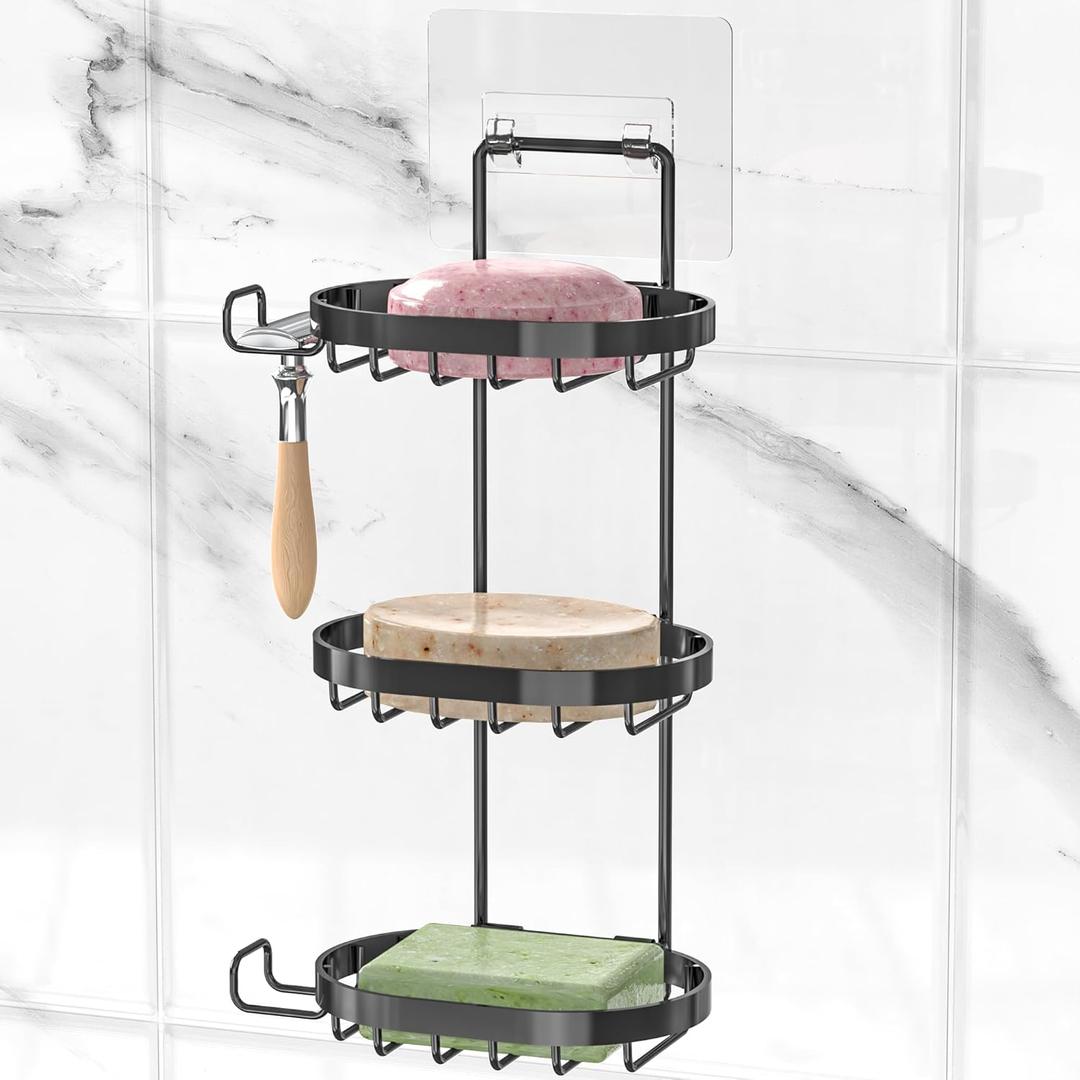 MASADI 3 Tier Soap Dish Holder,Soap Bar Holder with Hooks, Shampoo Bar Caddy for Shower Wall, Razor Holder for Shower, Bar Soap Container 304 Stainless Steel, Bathroom(Black) (3 Tier, Black)