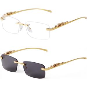 ADE WU Vintage Rimless Sunglasses Retro Luxury Gold Metal Frameless Rectangle Colored Lens Sun Glasses (2 Pack: Clear & Grey)