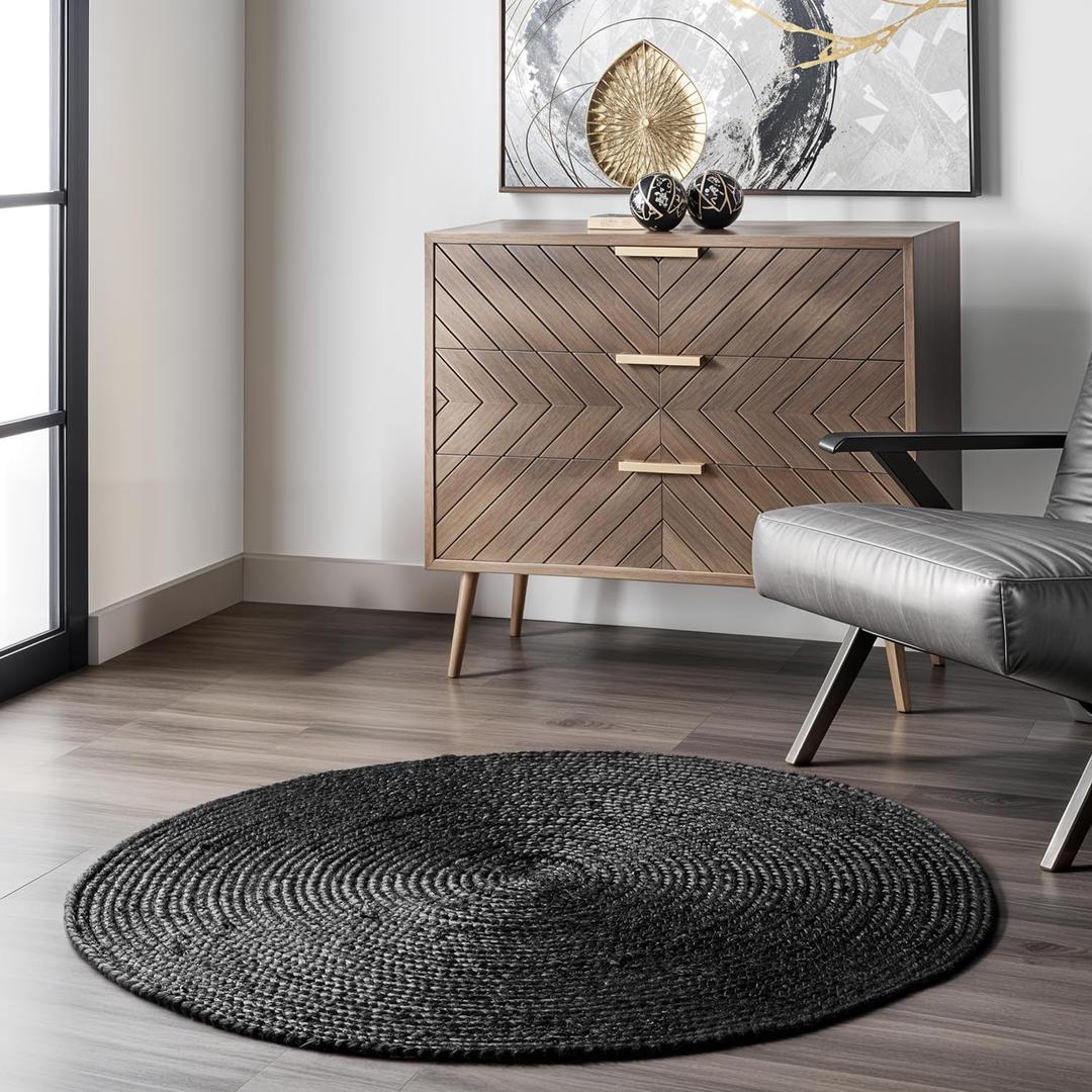 GRUHUM Black Jute Area Rug 5ft Natural Fiber Round Handwoven Boho Farmhouse Rustic Vintage Soft Braided Reversible EcoFriendly Rugs for Indoor Kitchen Bedroom Living Room Hallways (5' ft Round)