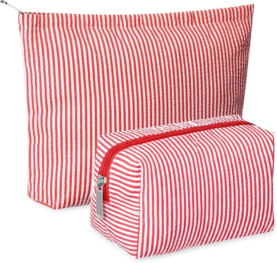 Huhumy 2 Pcs Makeup Bag Set Cute Cosmetic Pouch for Women Seersucker Travel Toiletry Bag Preppy Small Makeup Purse Pouch Aesthetic Skincare Brushes Storage Organizer for Valentine Women(Red)