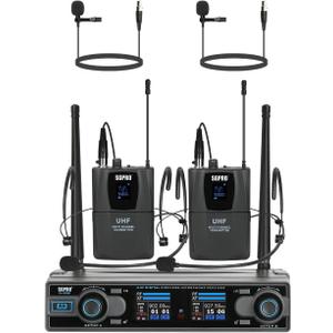 Dual Channel Wireless Microphone System with Two Bodypack Transmitters, Two Headset Micriophones and Two Lavalier Mics for Live & Recording of Sining and Speaking (D-332BB)