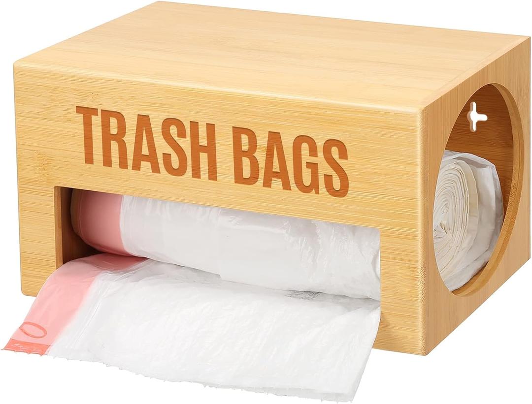 Bamboo Garbage Bag Dispenser Roll Holder - Wall Mount Trash Bag Organizer for 13-33 Gallons, Under Sink Kitchen Grocery Bag Storage Container (Natural, Standard 1-slot)