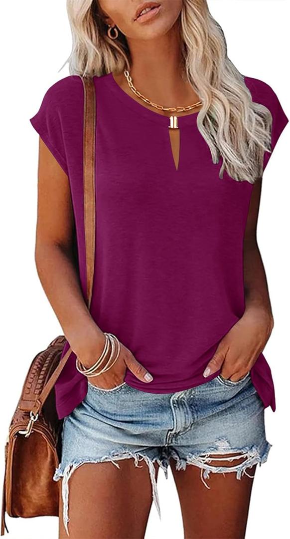 Kistore Women's Summer Casual V Neck Tank Tops Cap Sleeve Loose Fit Blouses Tunic Shirts (Medium, A-purple Red)