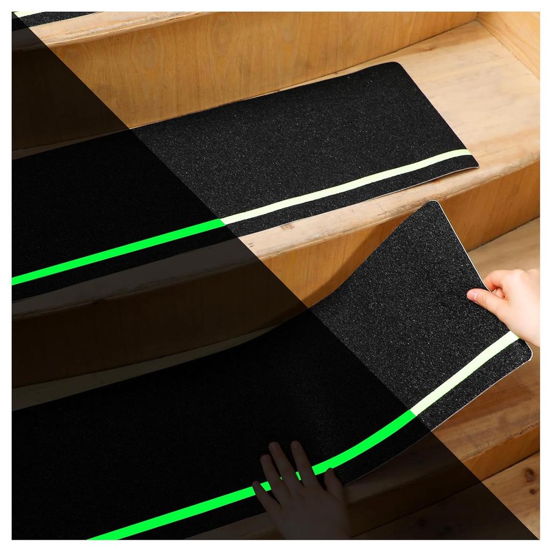 Nuanchu 10 Pack 10'' x 30'' Outdoor Stair Treads Anti Slip Tape Glow in Dark Stripe Non Slip Grip Tape Non Skid Adhesive Friction Traction Stair Treads for Wooden Steps Outdoor Indoor Step Slippery