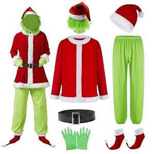 Phyfalip Christmas Santa Claus Costume, 7PCS Green Monster Costume Set with Mask for Adult Cosplay, XXL