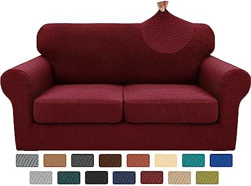 XINEAGE 2025 New 3 Pieces Couch Covers for 2 Cushion Sofa Super Stretch Loveseat Slipcover Pet Dog Universal Slip Cover Anti Slip Love Seat Furniture Protector (Wine Red, 55"-69")