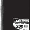 Top Flight Standards 5-Subject Wirebound Notebook, 200 Sheets, 3-Hole Punched, College Rule, 10.5 x 8 Inches, 1 Notebook, Color May Vary (31820)