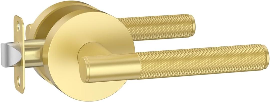 Asidrama 1 Pack Passage Gold Door Handles, Door Lever with Door Knobs Indoor for Bedroom or Bathroom, Heavy Duty Brushed Gold Door Handles Interior with Locks for Left Right Sided Doors